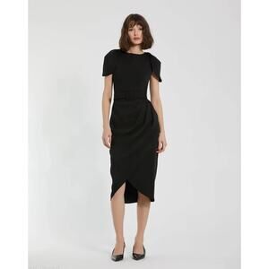 NWT Mac Duggal Black Crepe Belted Tulip Sleeve Midi Dress 8 Quiet Luxury Career